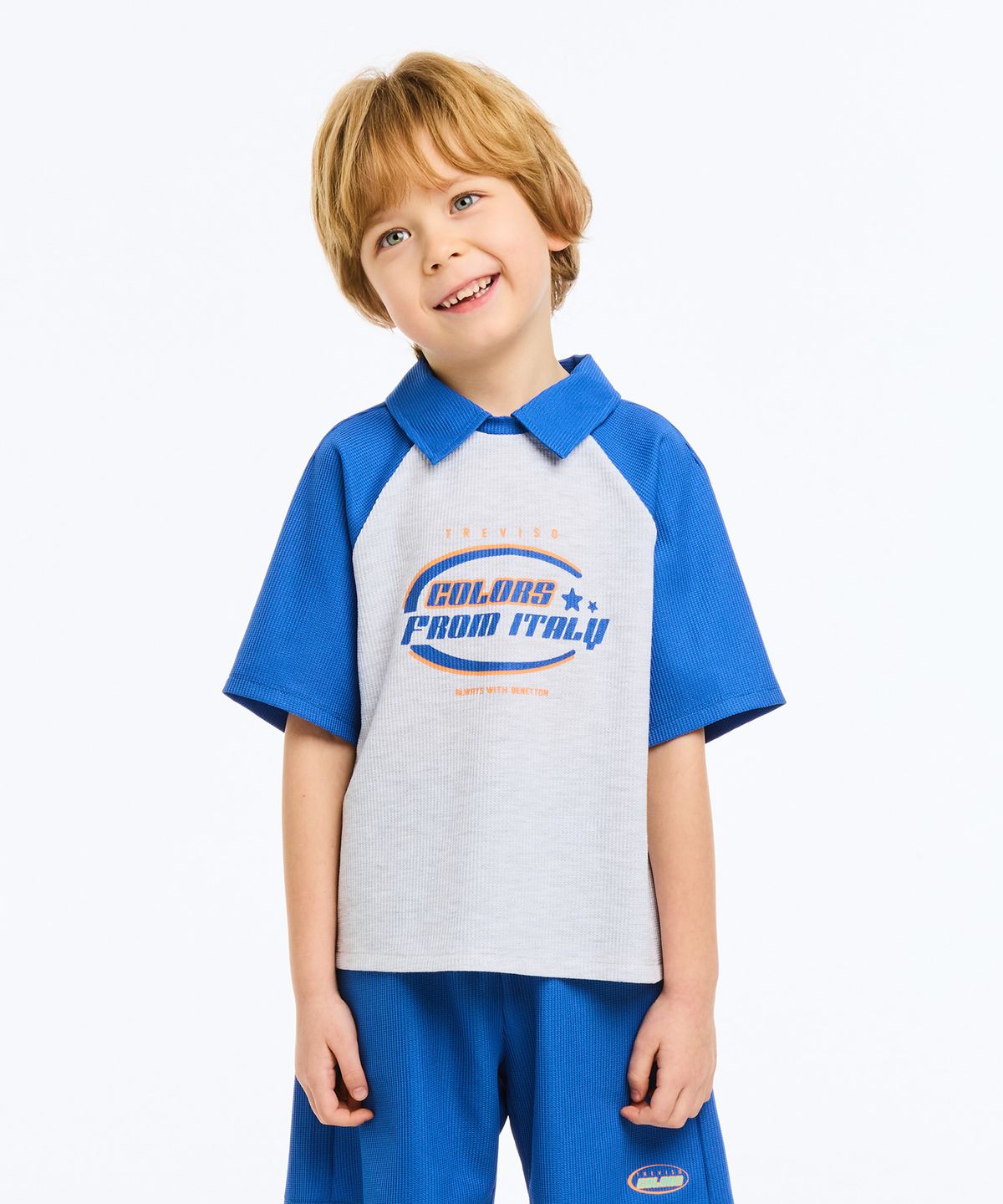 베네통키즈(BENETTONKIDS) 래글런 와플 카라 티셔츠_QATS25631BL