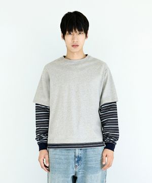 크롭 스트라이프 레이어드 티셔츠 그레이 FLT133
