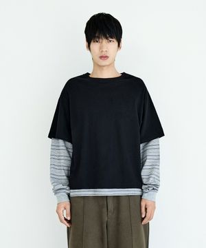 크롭 스트라이프 레이어드 티셔츠 블랙 FLT133
