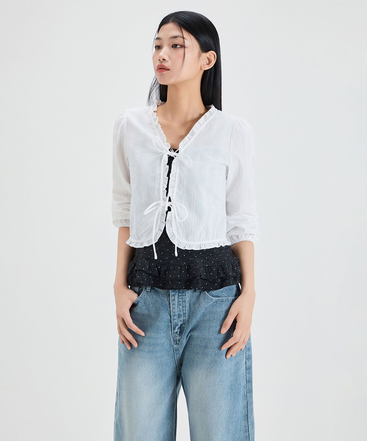 미쏘(MIXXO) 프릴 가디건형 블라우스_MIWBLG319G