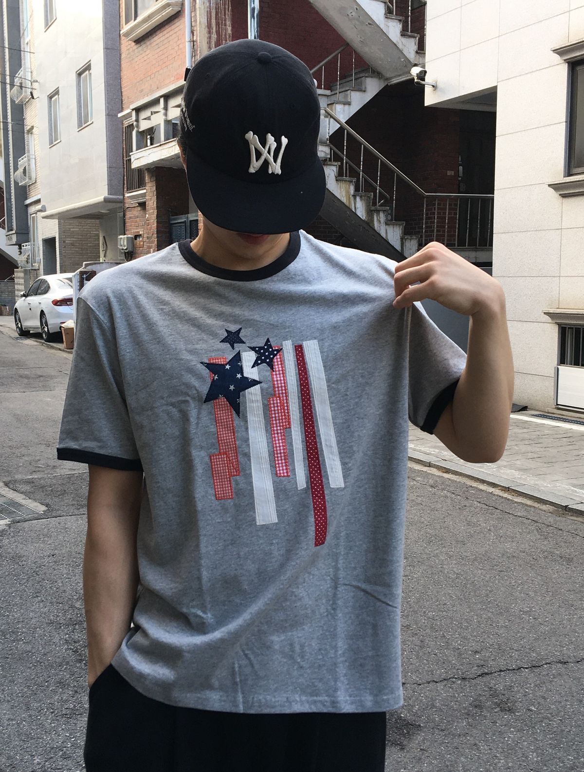 마하그리드(MAHAGRID) FLAG APPLIQUE RINGER TEE GREY(MG2GMMT514A)