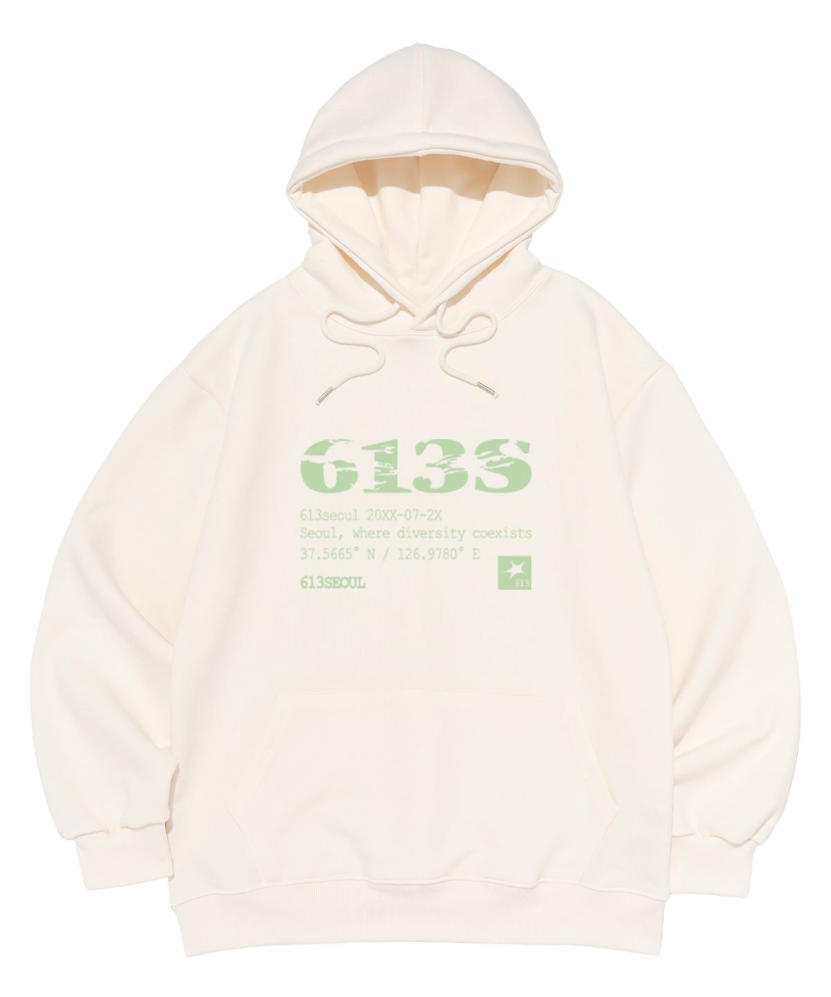 613서울(613SEOUL) (기모선택) 스크래치 포인트 로고 후드 티셔츠 (아이보리)