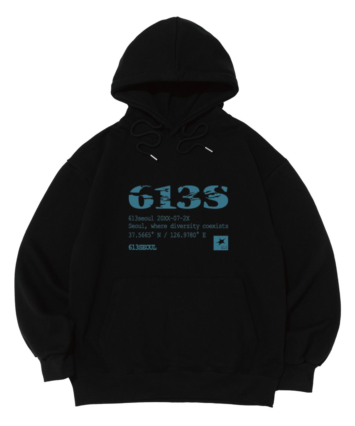 613서울(613SEOUL) (기모선택) 스크래치 포인트 로고 후드 티셔츠 (블랙)