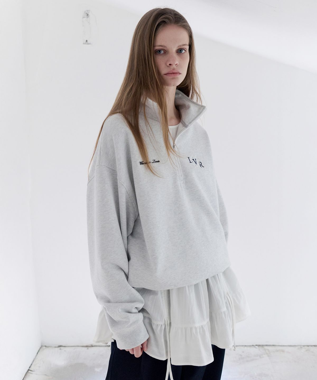 르바(LEVAR) British Half-Zip Sweatshirt - Melange Grey