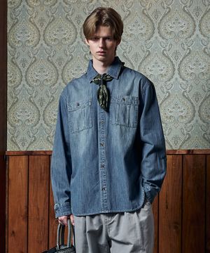 레이버 2123 페이드워시 린넨데님 오버핏 미디움인디고 데님셔츠