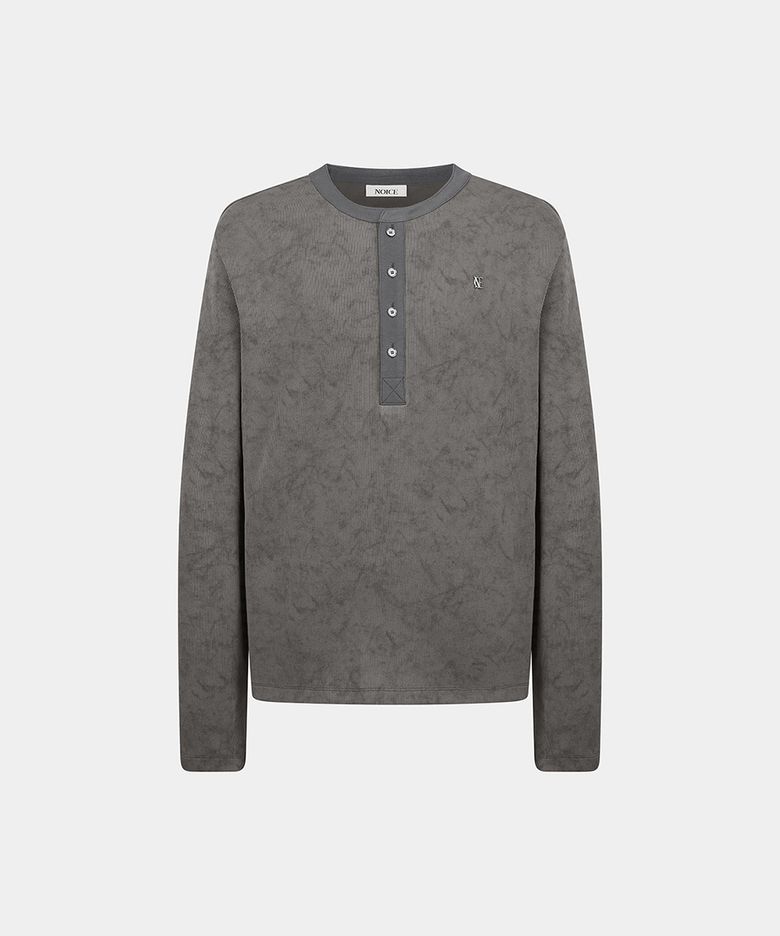 M WASHED RIBBED HENLEY NECK T-SHIRT - GRAY