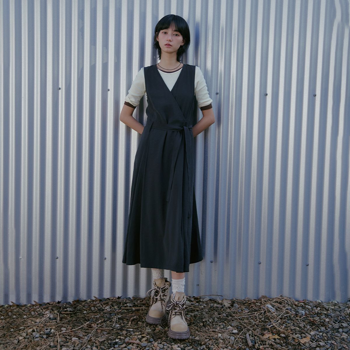 랩(LAP) 브이넥 벨트 롱 원피스 AS1WO261