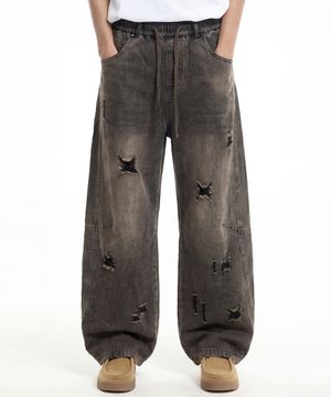 디스트로이드 워싱 절개 데님 팬츠 블랙