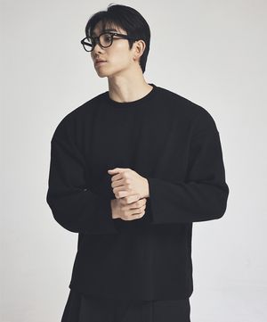 헤비 와플 오버핏 롱 슬리브 티셔츠 블랙