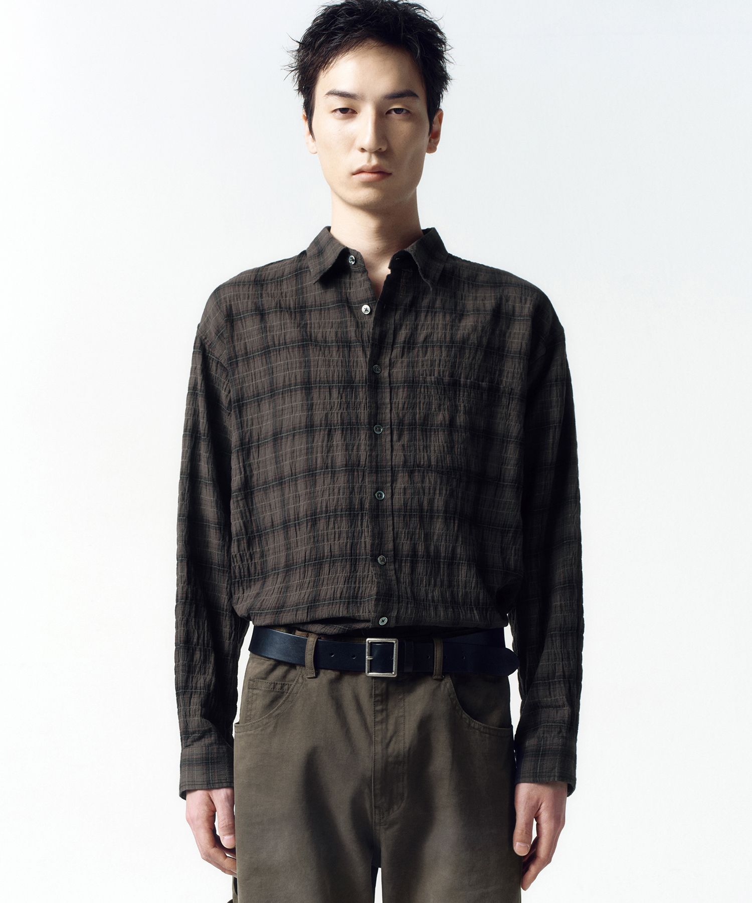MUSINSA | INSILENCE Garment Dyed Check Shirt BROWN