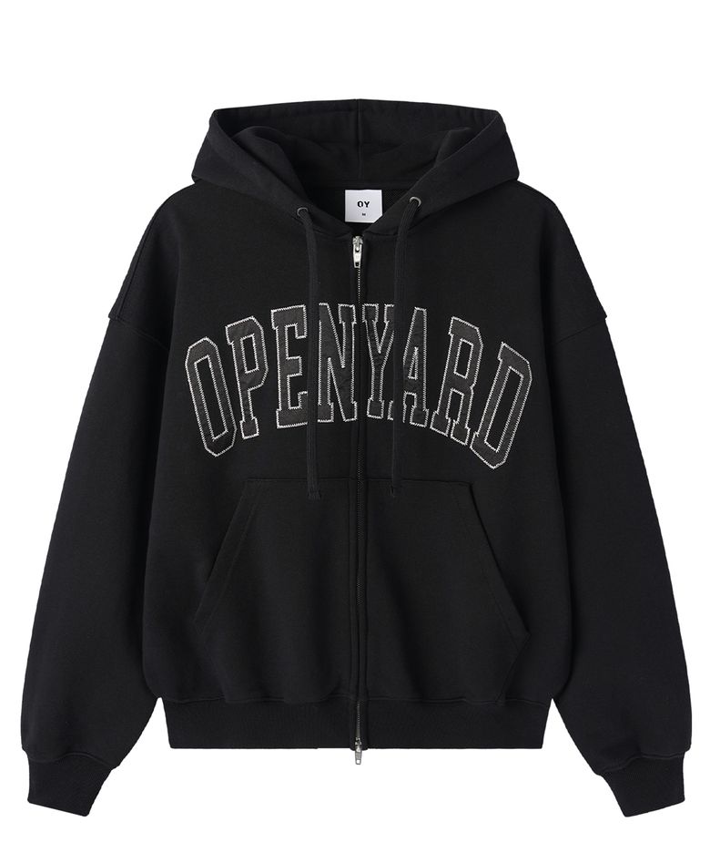 SATIN PATCH HOODIE ZIP UP - BLACK