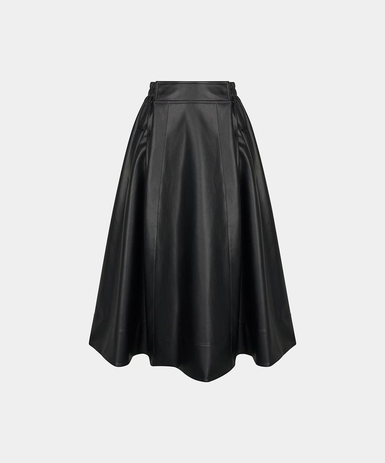 W FULL FLARED FAUX LEATHER MIDI SKIRT - BLACK