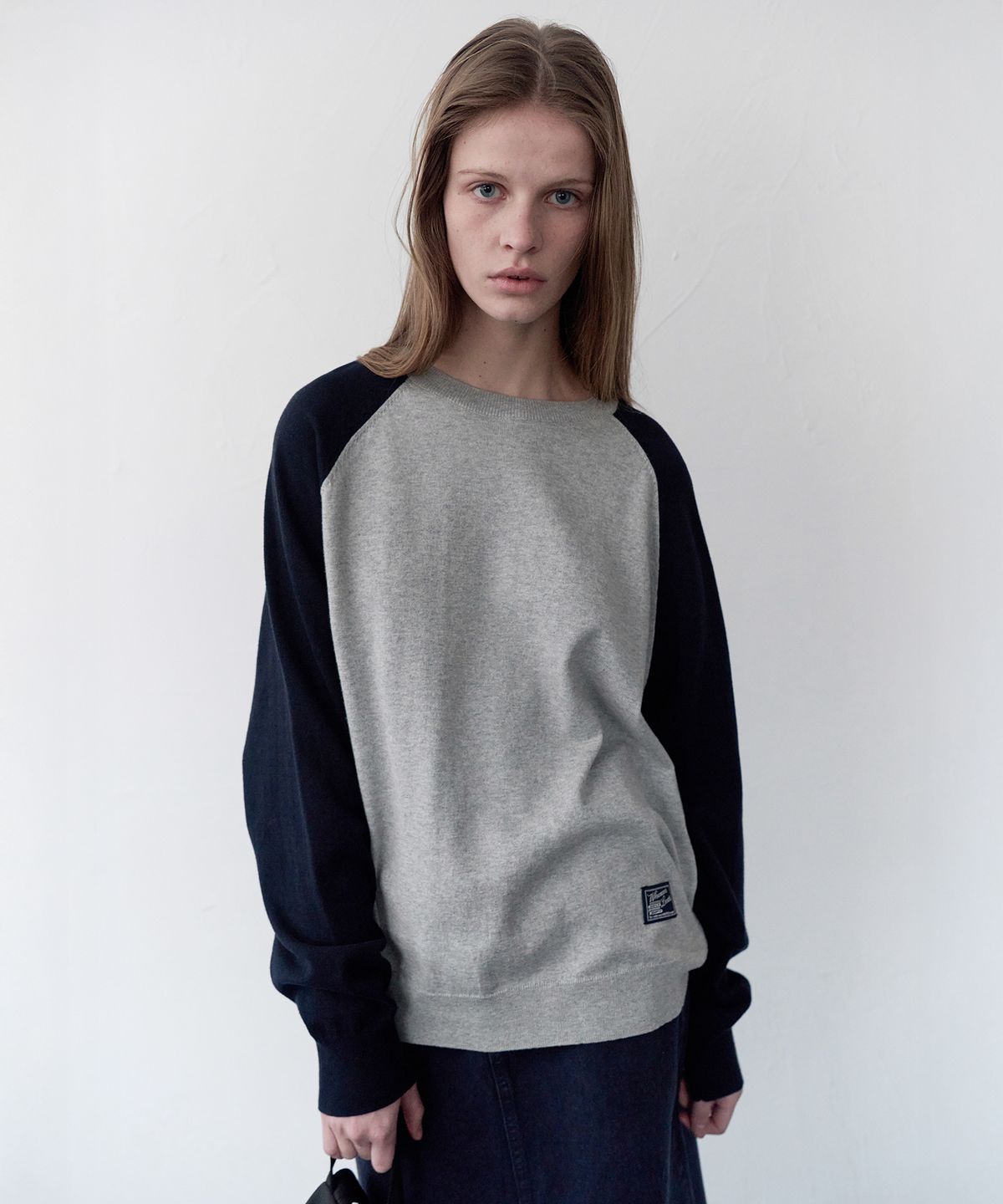 르바(LEVAR) All-day Cotton Raglan Knit - Melange Grey/Navy