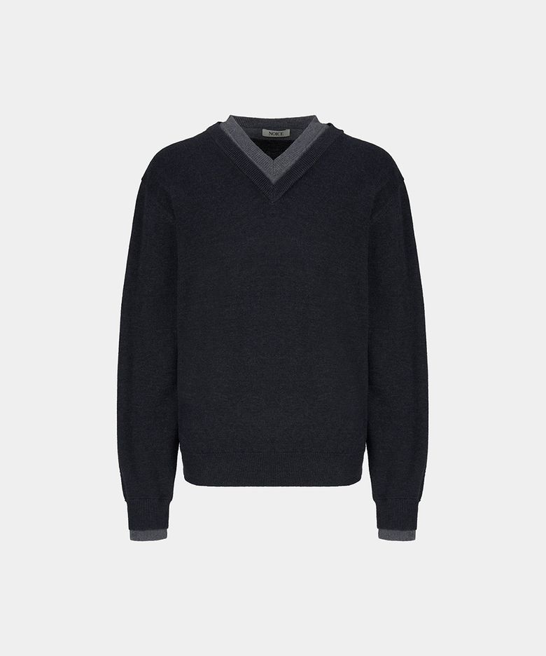 M LAYERD V-NECK MERINO KNIT TOP - CHARCOAL
