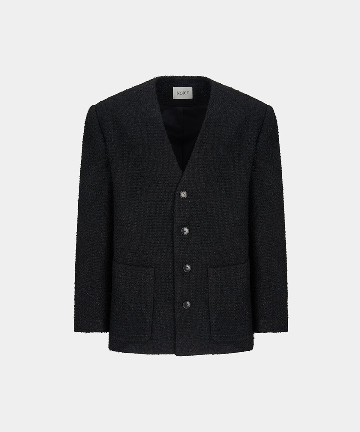 노이스(NOICE) COLLARLESS WOOL-BLEND TWEED JACKET - BLACK