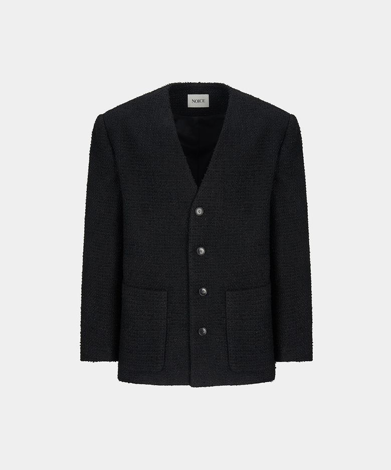 COLLARLESS WOOL-BLEND TWEED JACKET - BLACK
