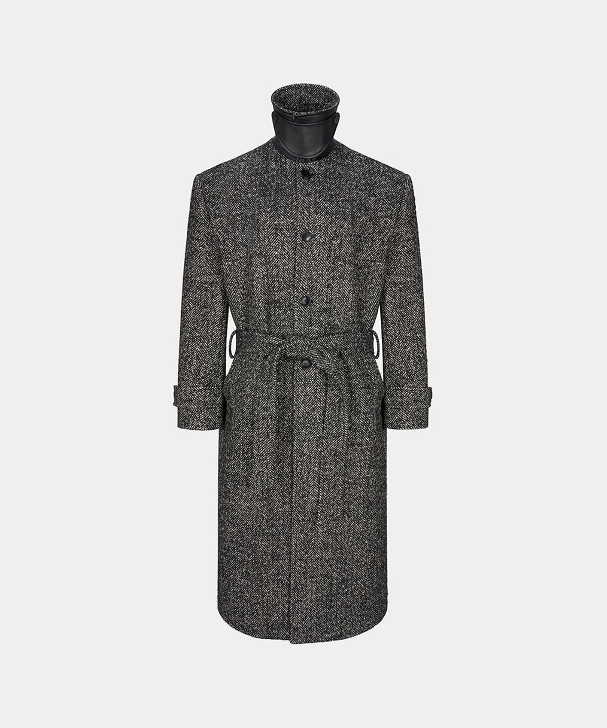 노이스(NOICE) OVERSIZE BELTED HERRINGBONE BALMACAAN COAT - CHARCOAL