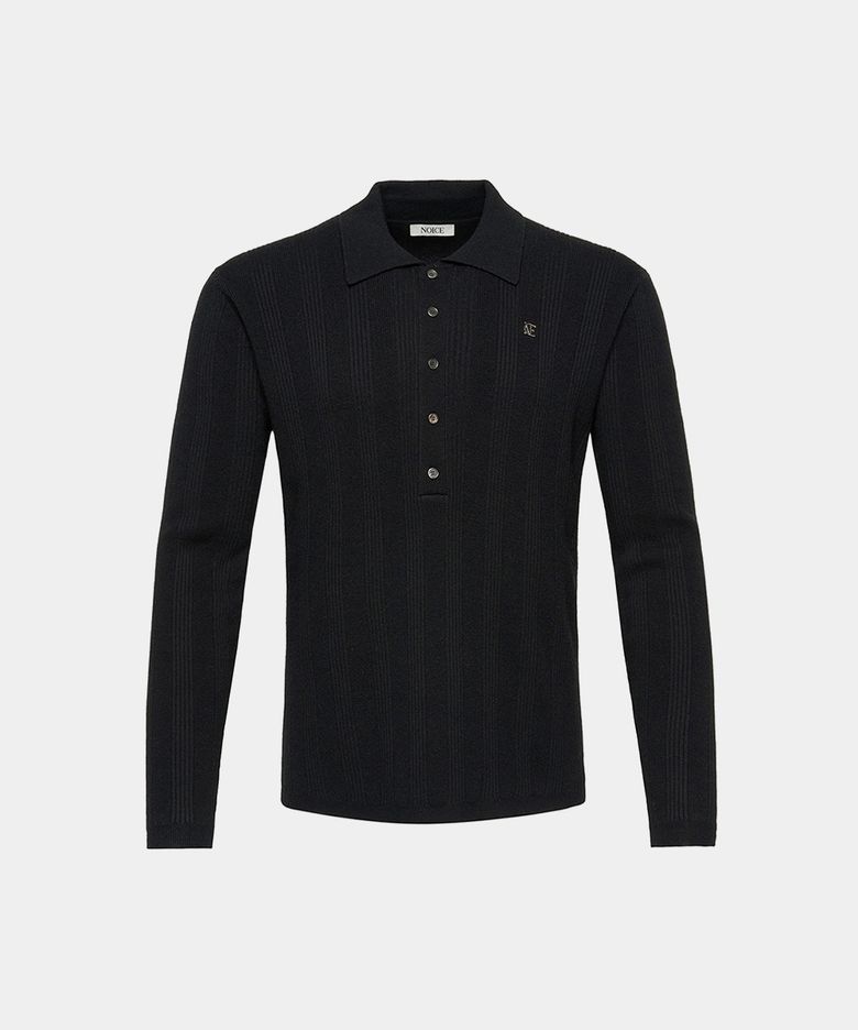 MERINO RIBBED KNIT POLO SHIRT - BLACK