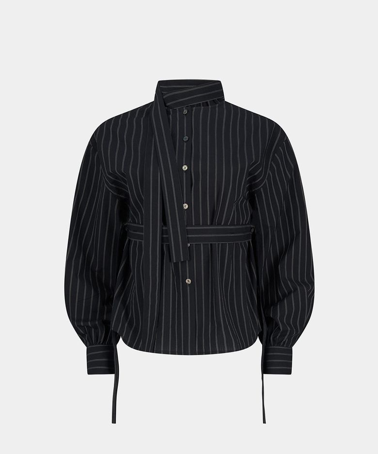 W STRIPED SCARF BLOUSE - BLACK