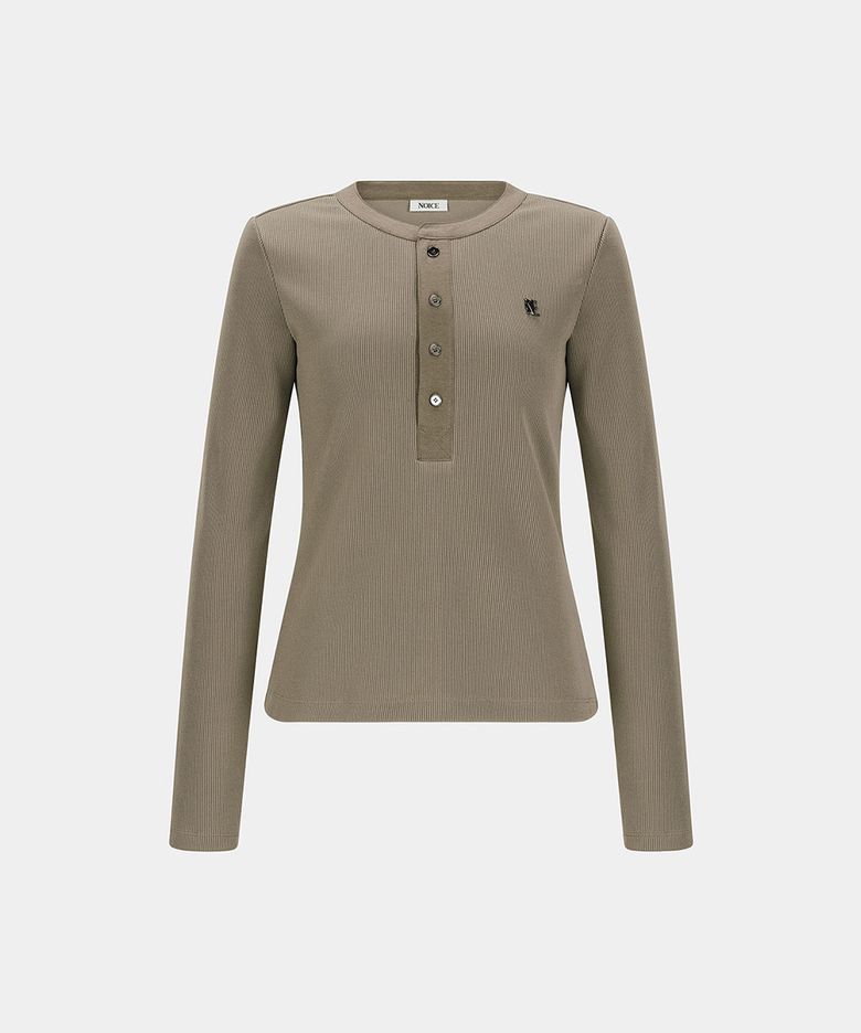 W WASHED RIBBED HENLEY NECK T-SHIRT - TAUPE
