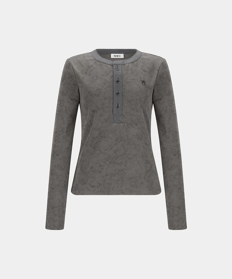 W WASHED RIBBED HENLEY NECK T-SHIRT - GRAY