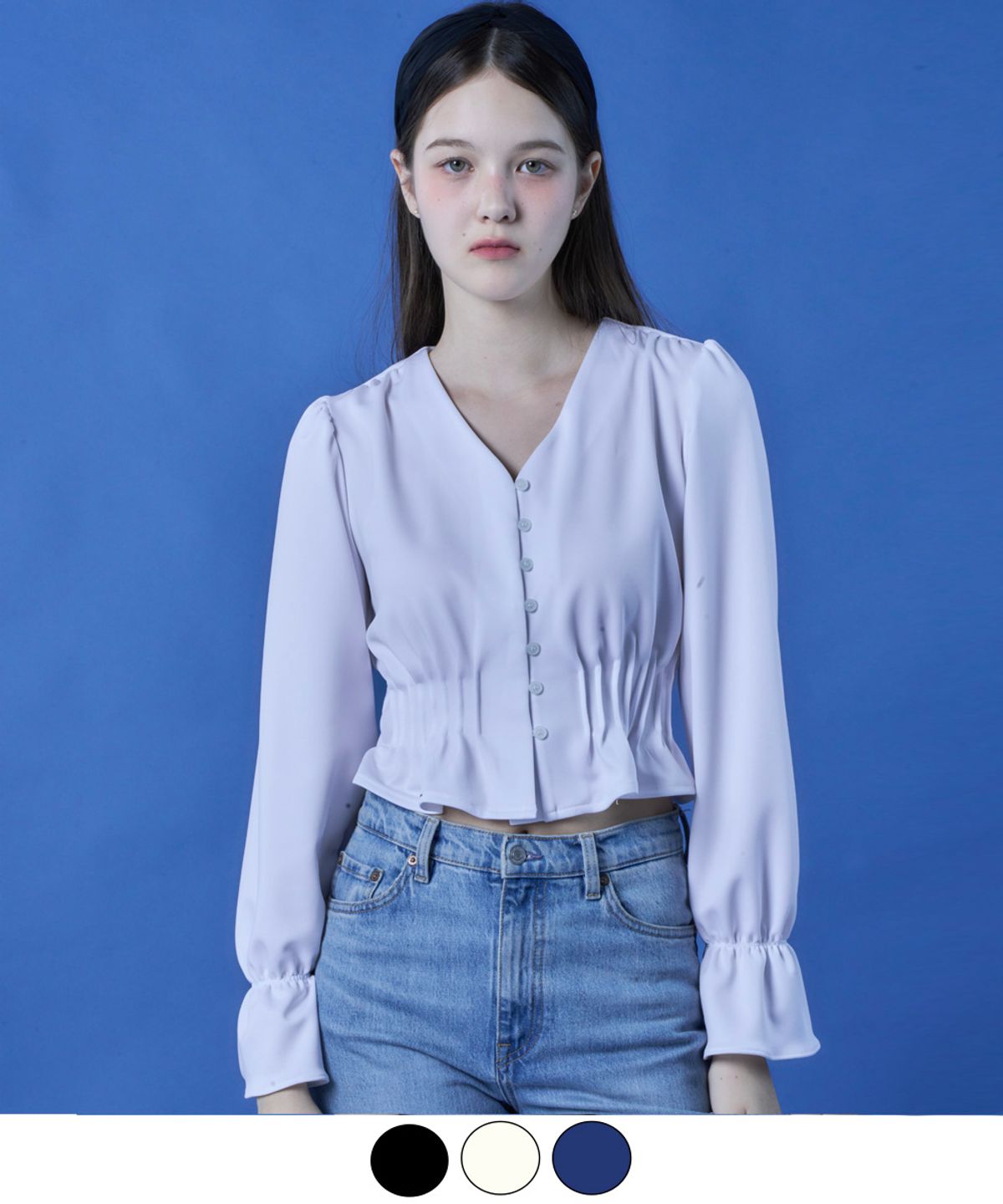 콜릿(KOLEAT) 크롭 브이넥 소매 셔링 버튼 블라우스 긴팔셔츠 [3colors]