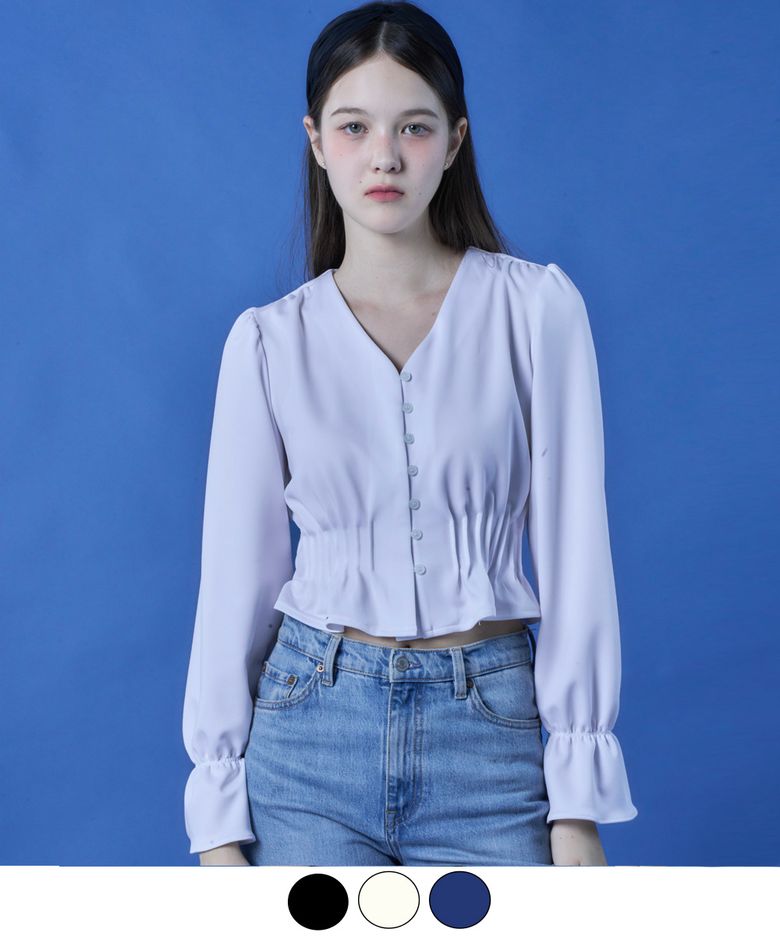 크롭 브이넥 소매 셔링 버튼 블라우스 긴팔셔츠 [3colors]