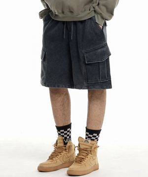 피그먼트 카고 버뮤다 밴딩 팬츠 블랙