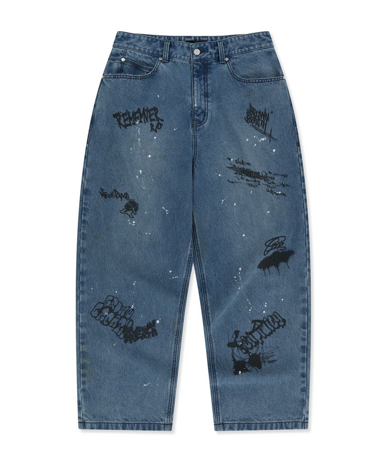 GRAFFITI PRINT DENIM PANTS - BLUE