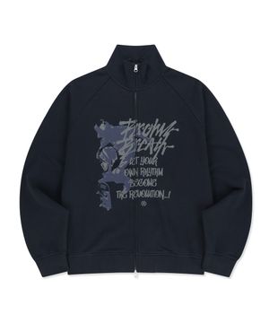 GRAFFITI PRINT JERSEY ZIP UP - NAVY
