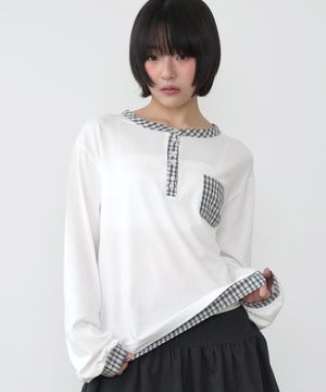체크 헨리넥 롱슬리브 [화이트]
