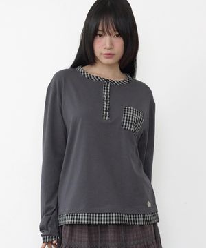 체크 헨리넥 롱슬리브 [차콜]