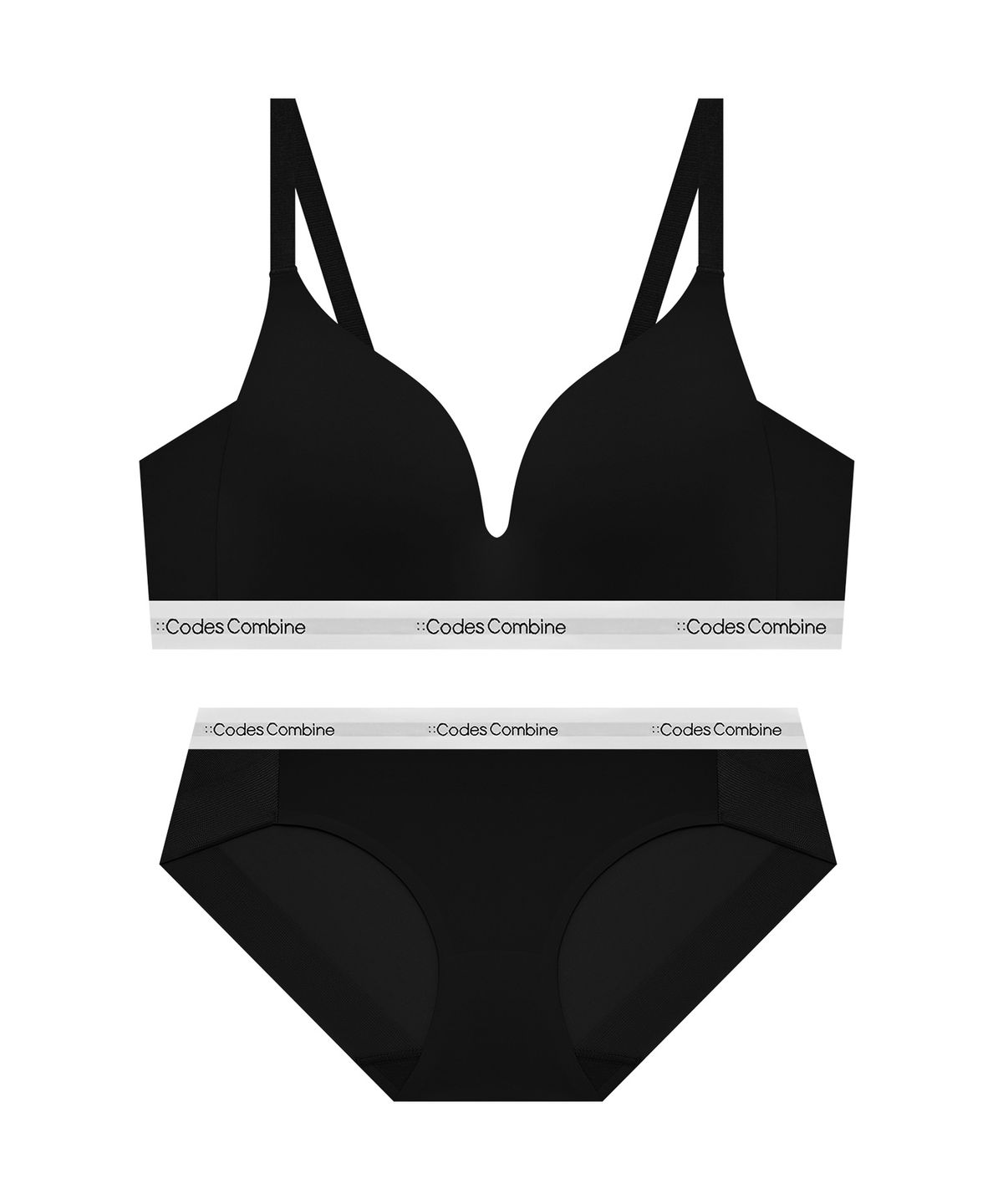 코데즈컴바인 이너웨어(CODES COMBINE INNERWEAR) 쉘론 트라이앵글 퓨징 노와이어 브라 햄팬티 세트_블랙