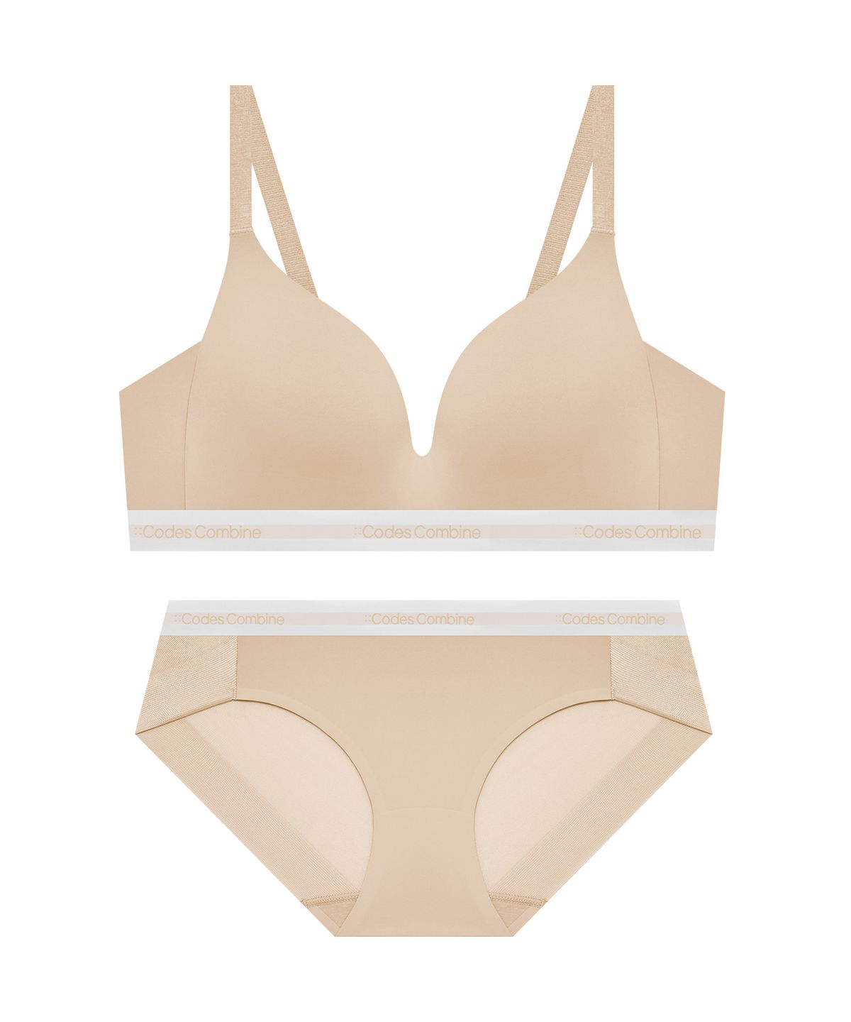 코데즈컴바인 이너웨어(CODES COMBINE INNERWEAR) 쉘론 트라이앵글 퓨징 노와이어 브라 햄팬티 세트_스킨