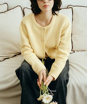 자가드 트위드 가디건_라이트옐로우