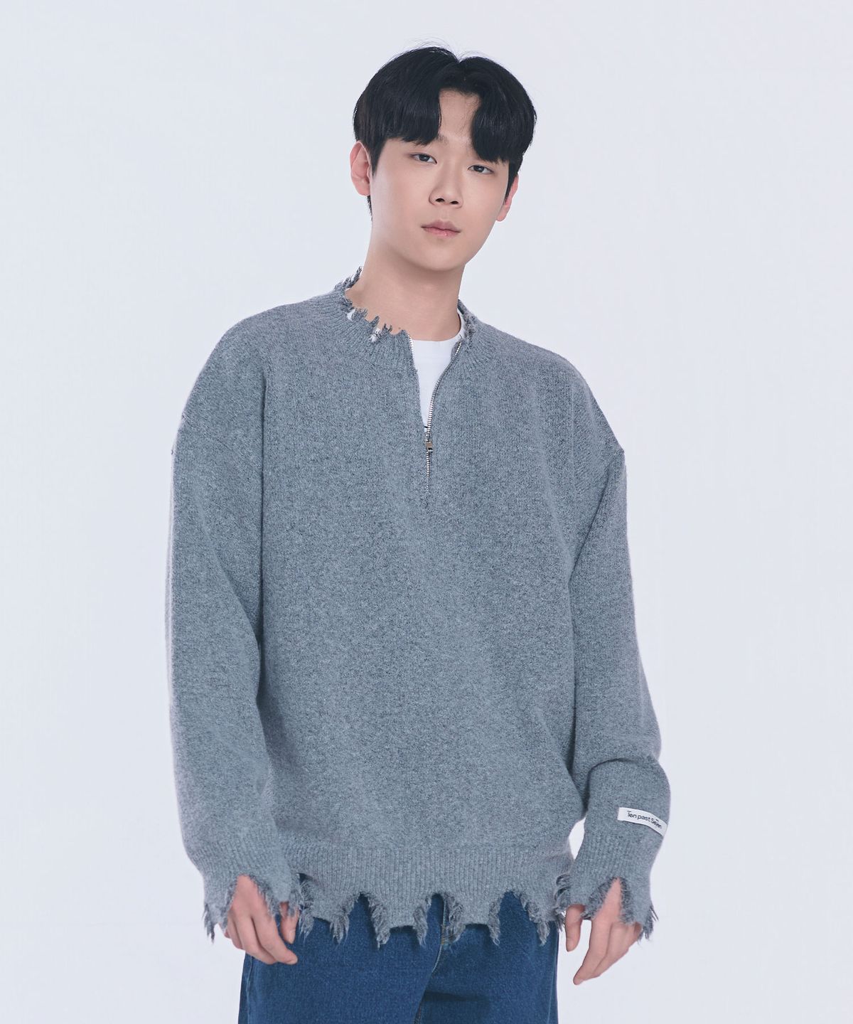 텐 패스트 세븐(TEN PAST SEVEN) 러프 헴 하프 집업 풀오버 니트 (2 Colors)