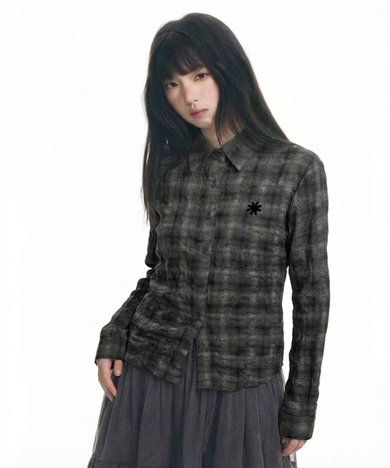 시어서커 그런지 스판 체크 셔츠_블랙