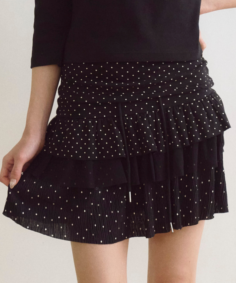 Frill Dotted Mix CanCan Midi Skirt Black