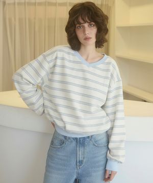 로빈 스트라이프 브이넥 맨투맨_아이보리