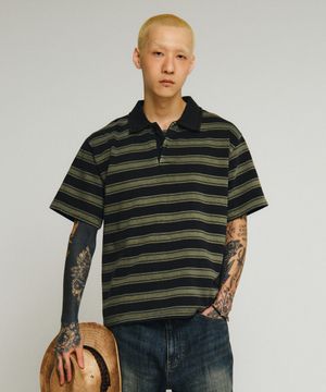 [엔도어 X 후디진호] Vtg Dyed Stripe 1/2 Polo Shirt (vtg olive)