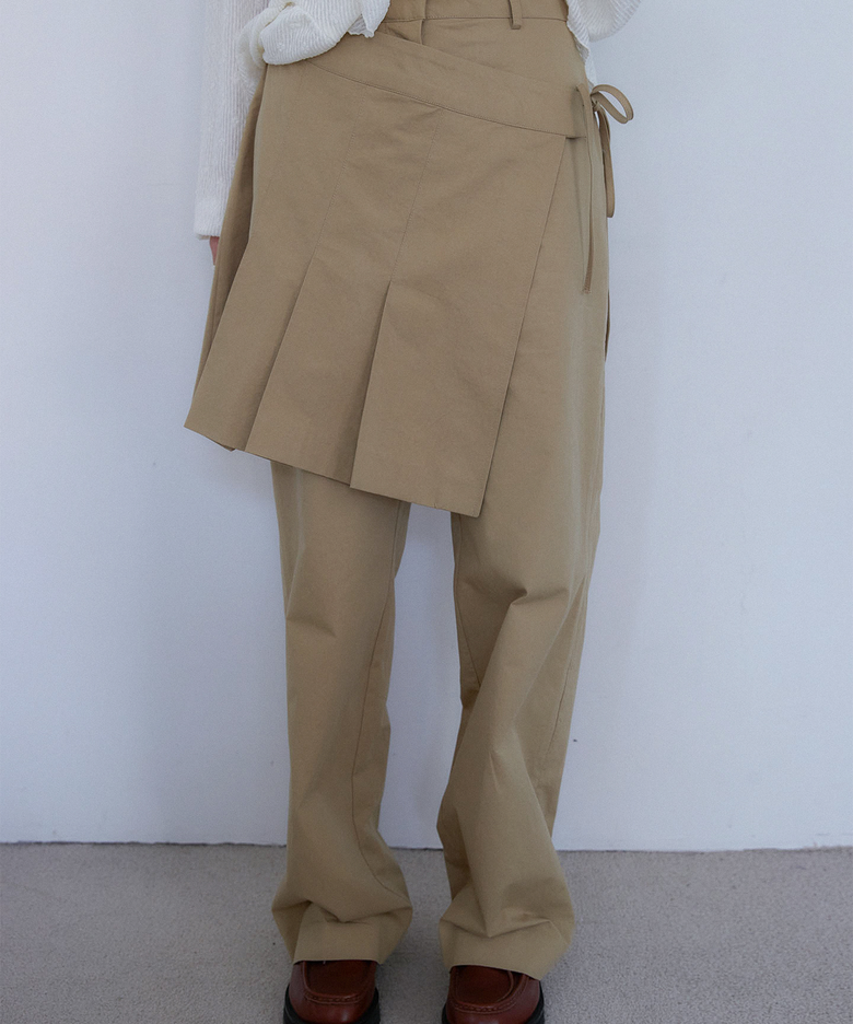 PLEATS SKIRT LAYERED PANTS [ CAMEL ]