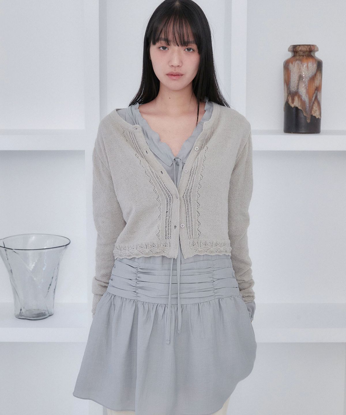 아우로(OURO) RIBBON SHIRRING ONE PIECE DRESS [ PALE BLUE ]