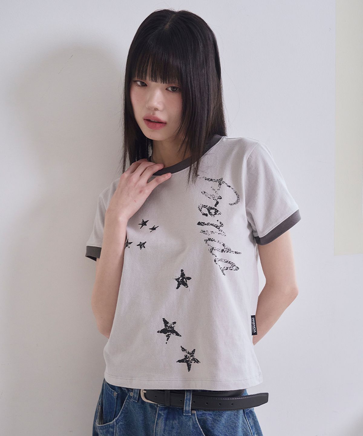 프렌다(PRENDA) CRACK STAR LOGO CREWNECK TEE GRAY