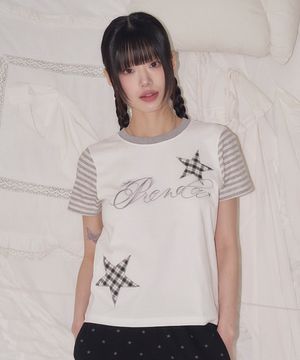 CHECK STAR STRIPE CREWNECK TEE WHITE