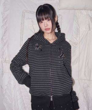 STRIPE STAR BUTTON HOOD ZIP-UP BLACK