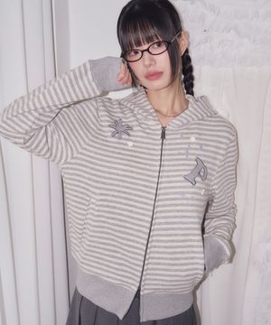STRIPE STAR BUTTON HOOD ZIP-UP GRAY
