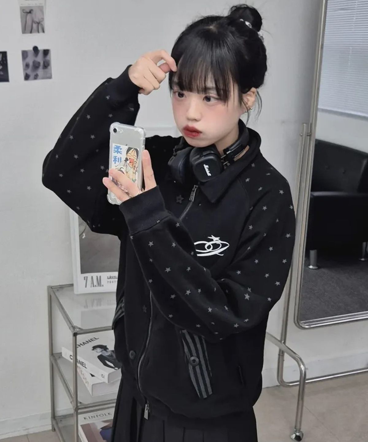 프렌다(PRENDA) BUTTON STAR DOT SWEAT ZIP UP JAKET BLACK
