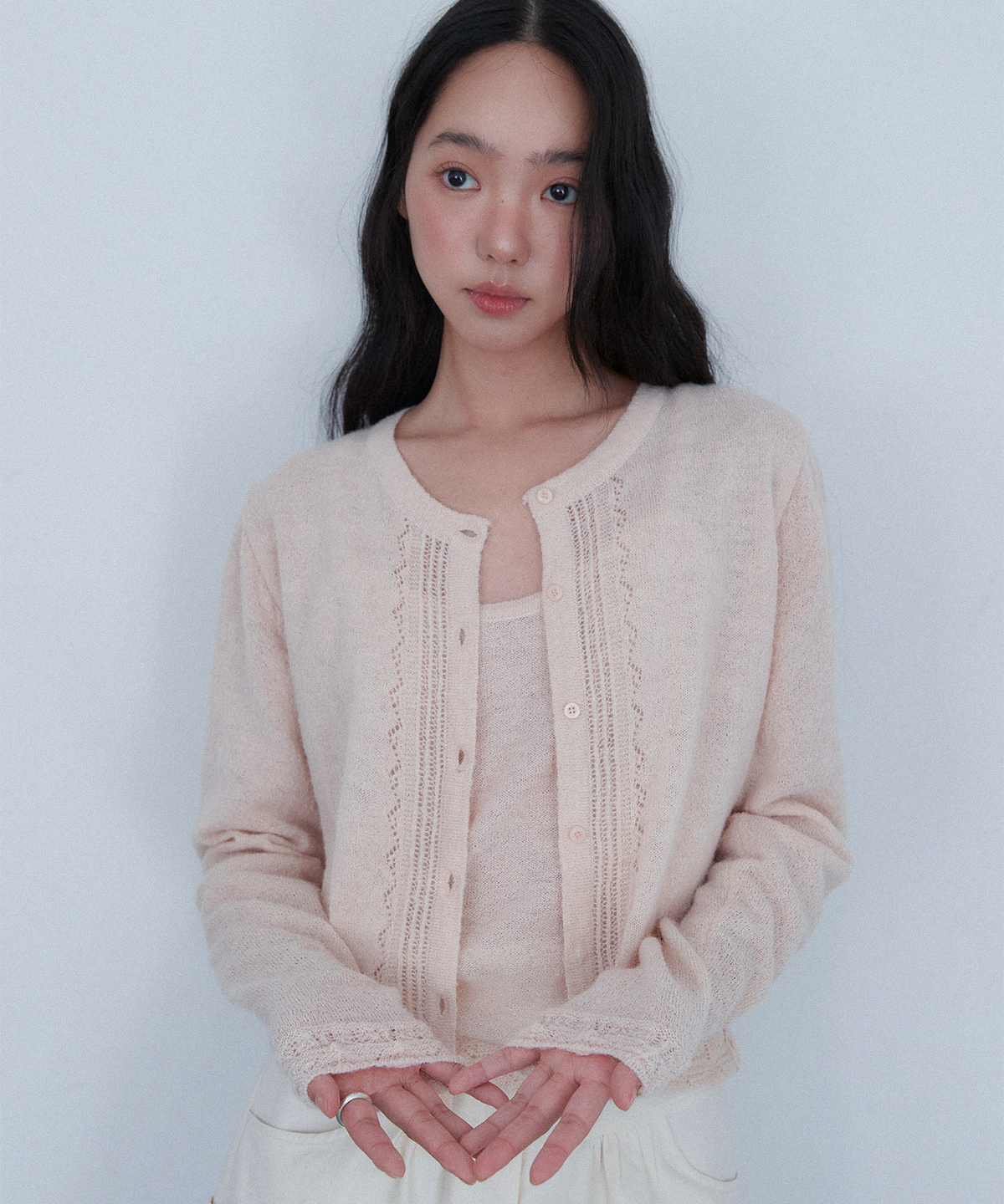 아우로(OURO) FRILL CROCHET LAYERED CARDIGAN [ PINK ]