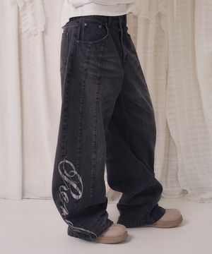 GLITTER LOGO VINTAGE WASHED DENIM PANTS BLACK