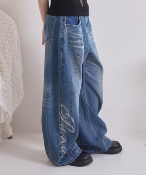 GLITTER LOGO VINTAGE WASHED DENIM PANTS BLUE